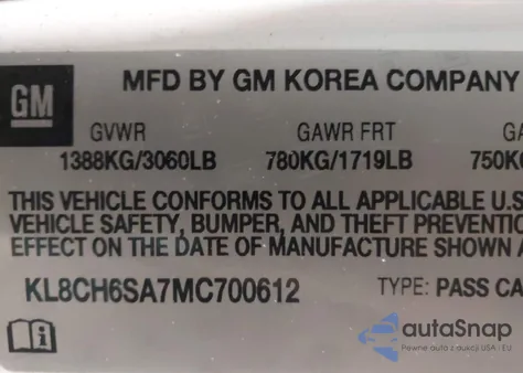 2021 Chevrolet Spark Fwd Activ Automatic из США, поврежденный, VIN KL8CH6SA7MC700612